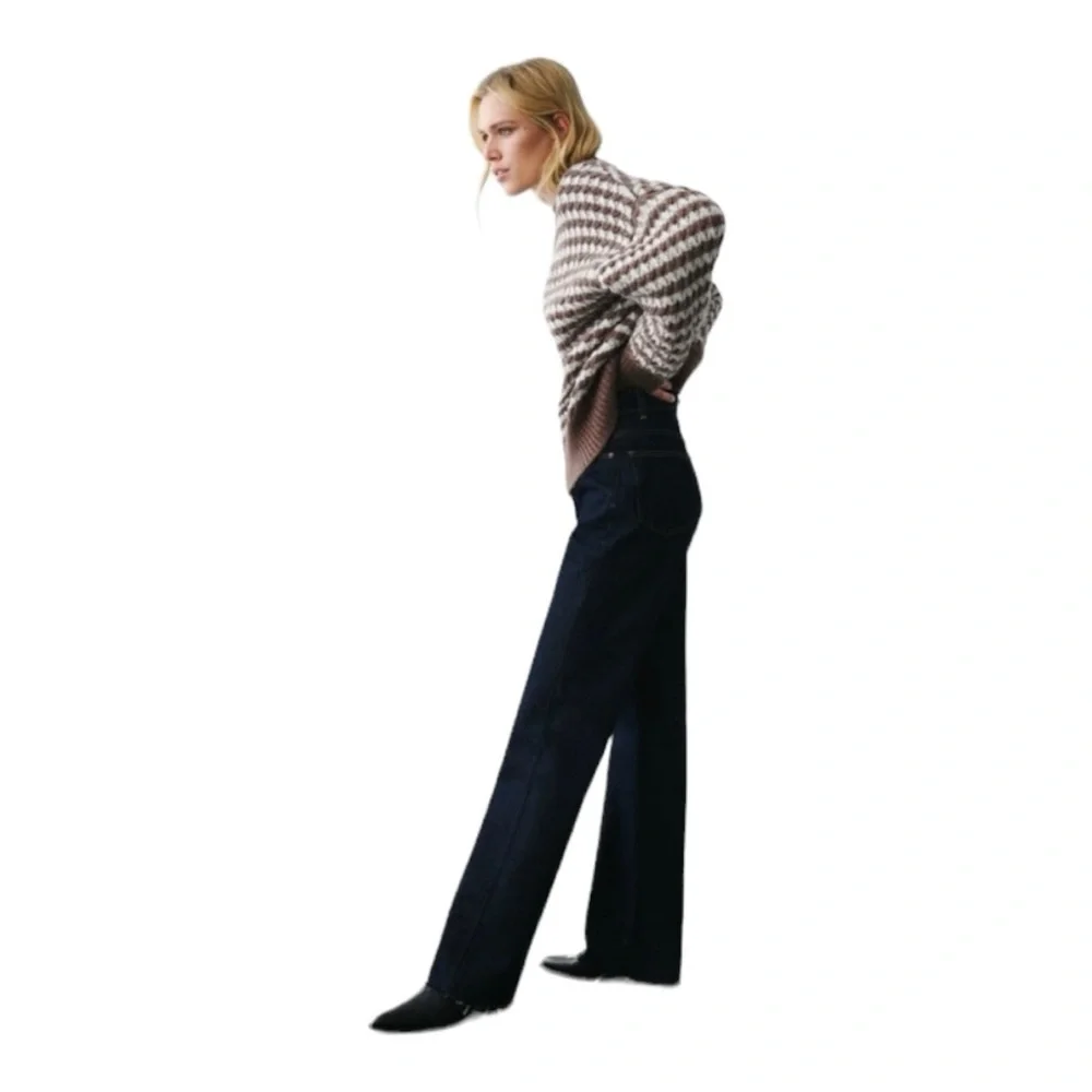 ZARA Brown and White Striped Oversized Slouchy Cozy Crewneck Knit Sweater Large - Picture 2 of 15
